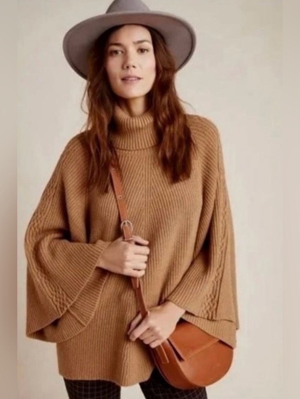 ANTHROPOLOGIE Kali Turtleneck Poncho Sweater Honey Brown Knit XS / S
